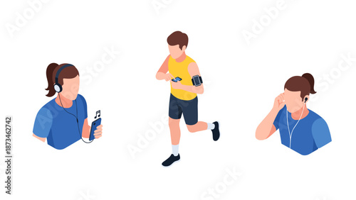 Active lifestyle: jogging and music enjoyment with headphones in simple style