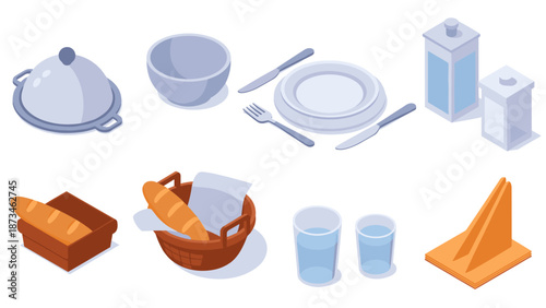 Isometric dining set with tableware, utensils, and food elements for culinary design