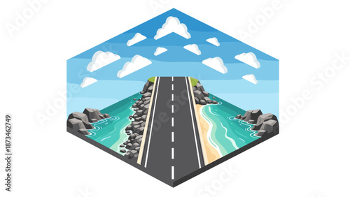 Coastal road with ocean and sky in hexagonal isometric design
