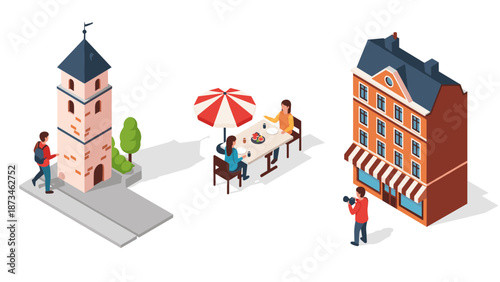 Isometric urban scene with dining, architecture, and pedestrian activities