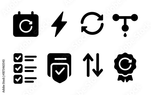 Collection of eight modern black icons representing various concepts like refresh, energy, and security
