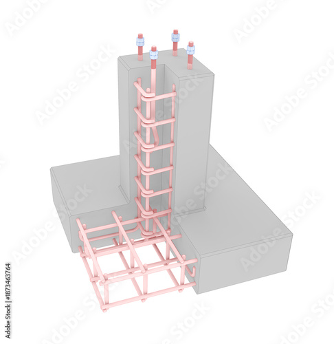 Reinforced Concrete Foundation with Highlighted Rebar Cage and Anchor Bolts – Structural Engineering 3D Illustration Isolated on White