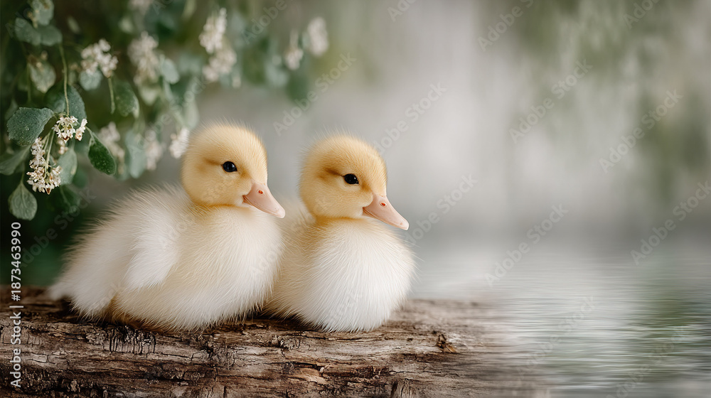 Obraz premium Two young ducks perched on a wooden log near water