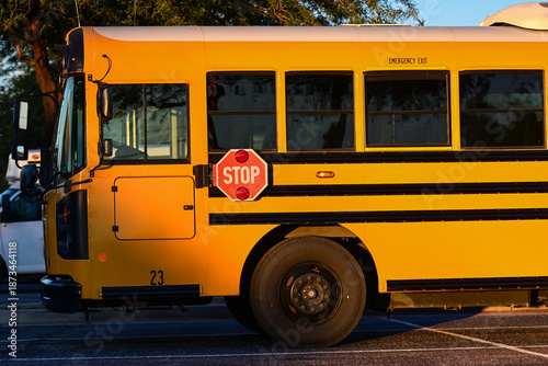 Slika na platnu Yellow school bus with extended stop sign driving on a roadway, representing stu