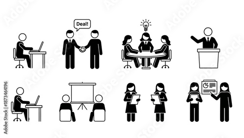 Business professionals collaborating and presenting in a modern office environment from various viewpoints
