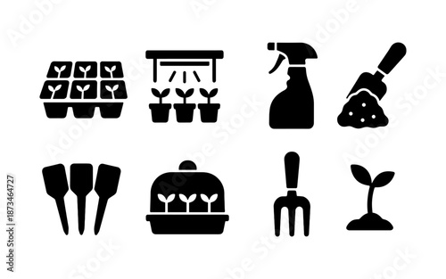 Gardening icons depicting seedling trays, grow lights, spray bottle, soil, and tools