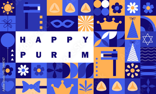 Jewish holiday, Purim background, banner, flat geometric style. Day of Purim Holiday. Purim concept design