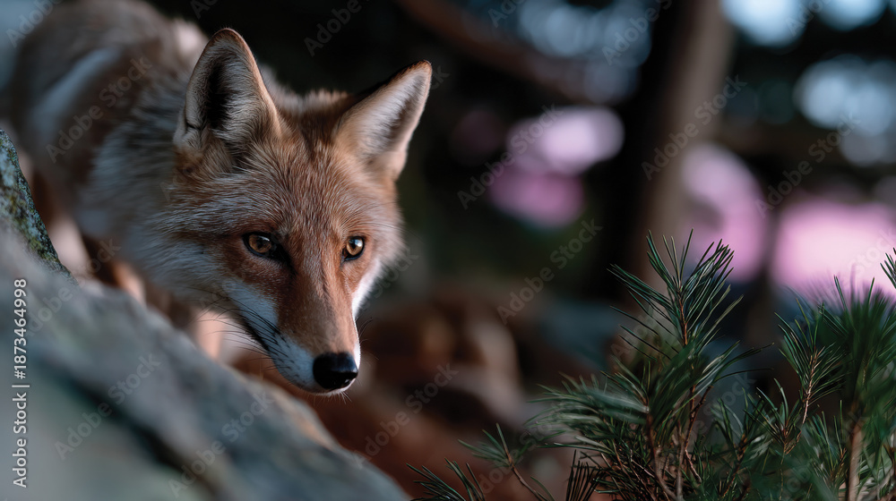 Fototapeta premium A curious fox peeks through the undergrowth, observing its surroundings, showcasing the blend of wildlife and nature's habitat in a captivating moment of intrigue.