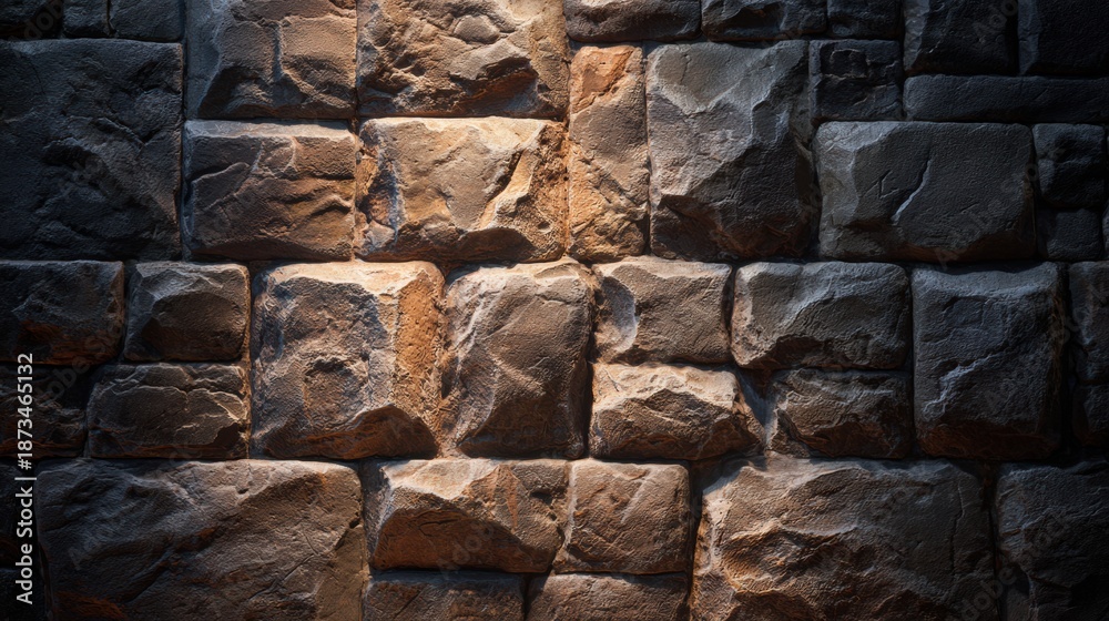 Fototapeta premium Medieval Castle Interior Wall With Rough Stone Texture Illuminated by Cinematic Lighting
