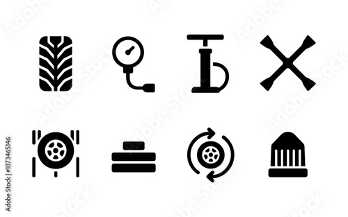 Car tire maintenance and repair icons set for automotive service and roadside assistance