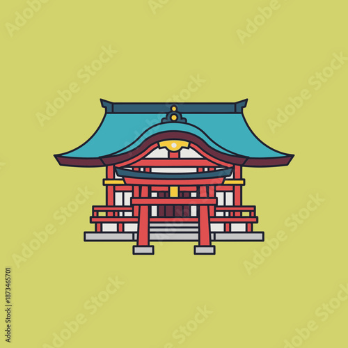 A stylized red and blue shrine with a torii gate is depicted.