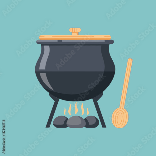 Pot with lid on fire and a wooden spoon next to it.