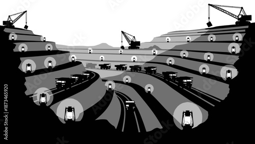 Mining Operations, Heavy Machinery, Quarry, Illustration, Industrial Landscape, Aerial View, Resource Extraction