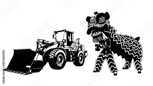 Lion Dance Performance with Construction Machinery at Cultural Festival in City Park