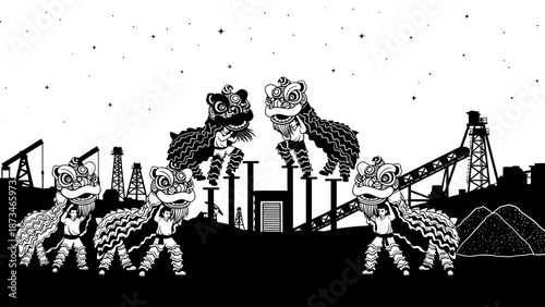 Action-Packed Lion Dance Performance at Urban Construction Site, Black and White Illustration