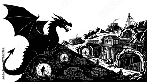Epic Battle, Dragon, Abandoned Mine, Illustration, Dark Environment, Artistic View, Fantasy Concept