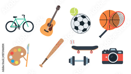 Colorful flat design sports and hobbies icons collection