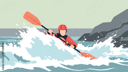 Kayaker navigating rough waters in modern flat art style