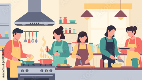Diverse team cooking together in a modern kitchen setting