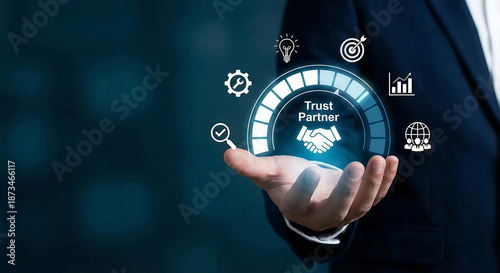 Trust partner business alliance concept with handshake icon and strategic growth symbols.
