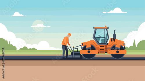 Construction worker operating road roller on a sunny day in flat design