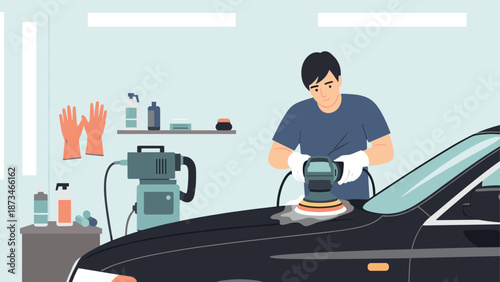Man polishing car in auto workshop with polisher machine and cleaning supplies in flat design