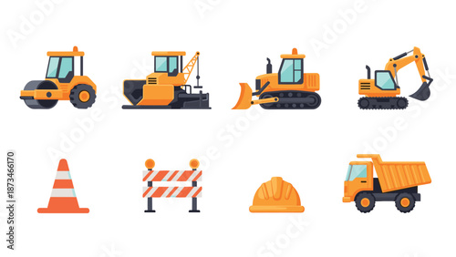 Construction equipment and safety gear icons in flat design style