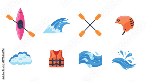 Colorful kayaking adventure icons: paddles, waves, safety gear and more