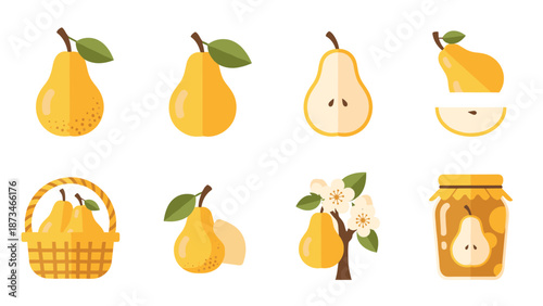 Flat pear icons and elements set: slices, basket, tree, blossom, and jar designs