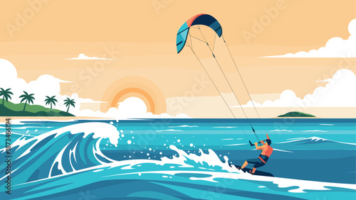 Kitesurfing adventure: dynamic waves and sunset in tropical paradise