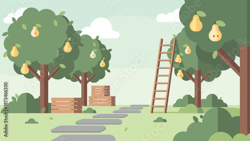 Flat orchard scene with pear trees and ladder in a tranquil garden setting