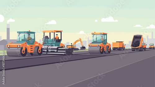 Road construction machinery in action with asphalt rollers and paver vehicles on highway