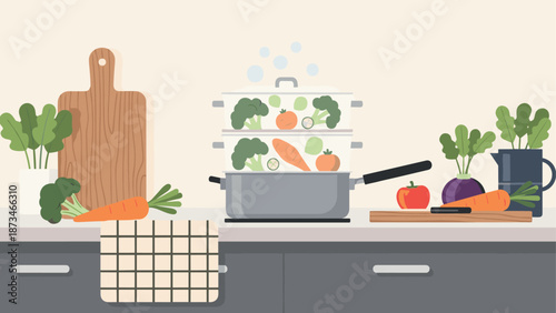 Kitchen counter with vegetables and steaming pot in flat style