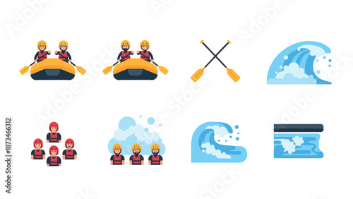 Adventure rafting icons set featuring paddles and waves in flat style