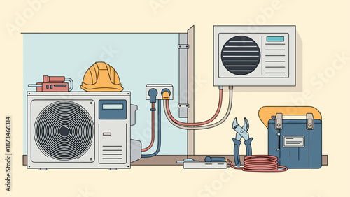 Air conditioning repair tools and equipment in modern flat design