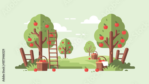 Apple orchard with harvest baskets and ladder in a flat design landscape