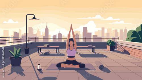 Morning yoga on rooftop with city skyline: serene urban escape in flat art style