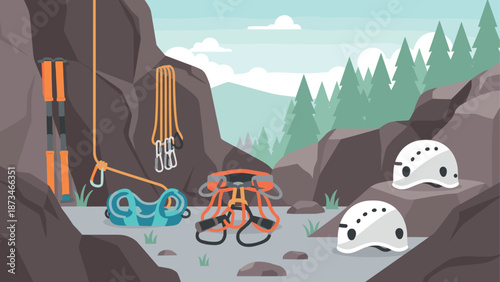 Flat style rock climbing gear in mountain setting with rope, helmet, and harness