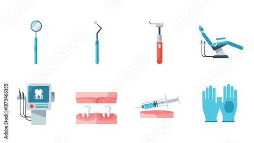 Dental equipment icons set: tools and instruments for modern dentistry in flat style