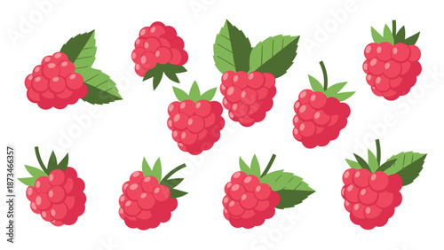 Cluster of fresh raspberries with green leaves on white background