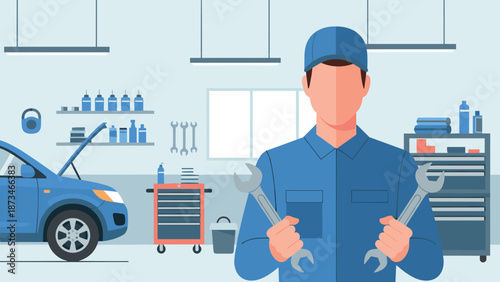 Mechanic holding wrenches in auto repair shop with modern tools and equipment