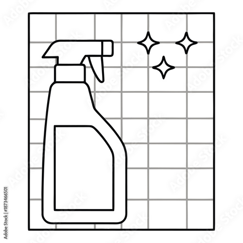 Outline icon depicting a household cleaning spray bottle ready for use against a background of sparkling tiles symbolizing effective sanitation and spotless maintenance.