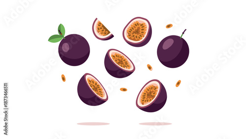 Fresh passion fruit set: modern flat style with leaves and seeds on white background