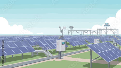 Solar panels in a modern renewable energy farm with clear blue sky
