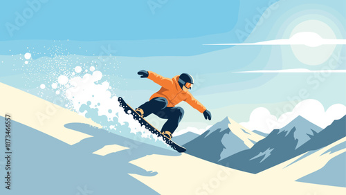 Dynamic flat snowboarding scene with blue sky and mountains