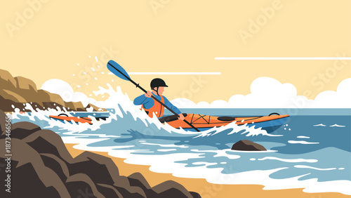 Dynamic kayaking adventure in vibrant coastal scenery