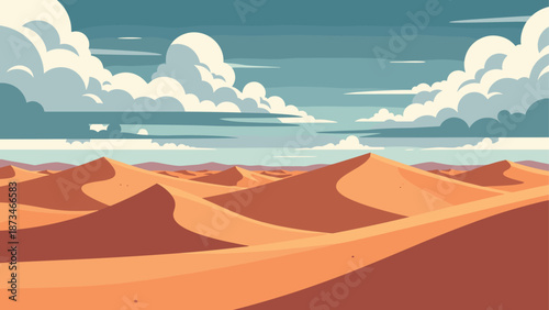 Vast desert landscape with rolling sand dunes and clouds in flat design style