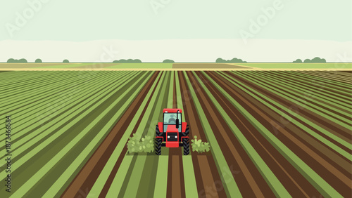 Modern farming landscape: red tractor tending vast green fields