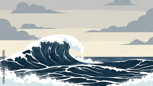 Dramatic ocean wave with overcast sky in vintage flat design