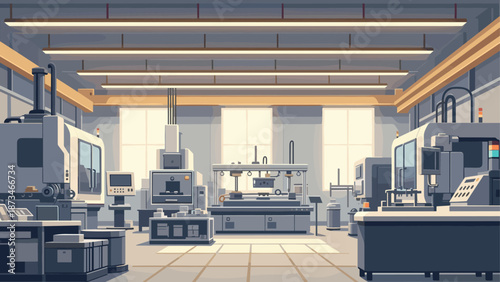 Modern factory interior with advanced machinery in isometric style
